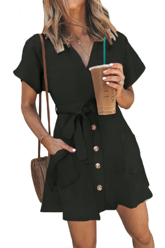 Black Button Short Sleeve Casual Dress