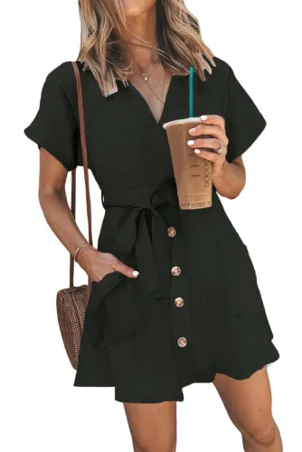 Black Button Short Sleeve Casual Dress