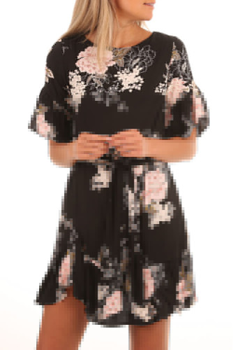 Black Floral Pattern Ruffle Hem Chiffon Dress