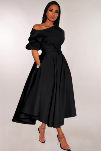 Black One-shoulder Waist Cincher Puffy Party Dress