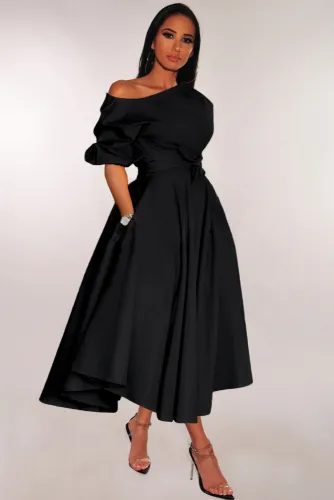 Black One-shoulder Waist Cincher Puffy Party Dress