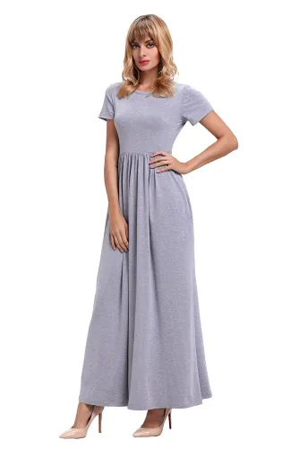 Gray Short Sleeve Ruched Waist Maxi Dress
