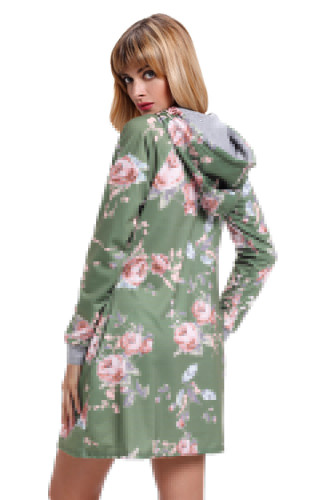 Green Floral Print Drawstring Hoodie Dress