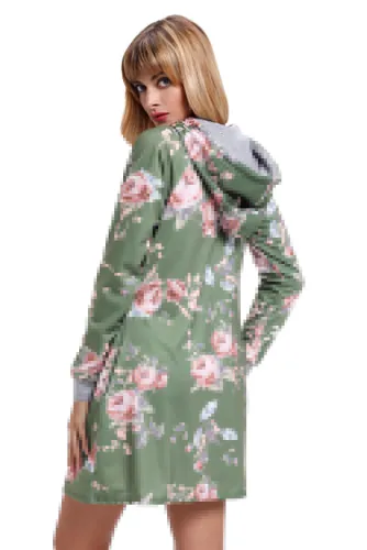 Green Floral Print Drawstring Hoodie Dress