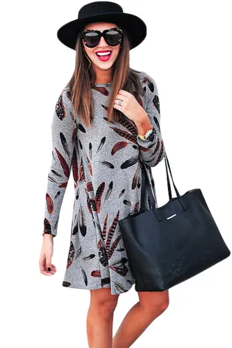 Gray Feather Graphic Pocket Tunic Dress