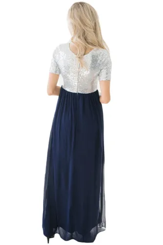Dark Blue Chiffon Sequin Zipper Back Maxi Dress