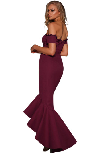 Burgundy Lace Trim Off Shoulder Mermaid Party Dress