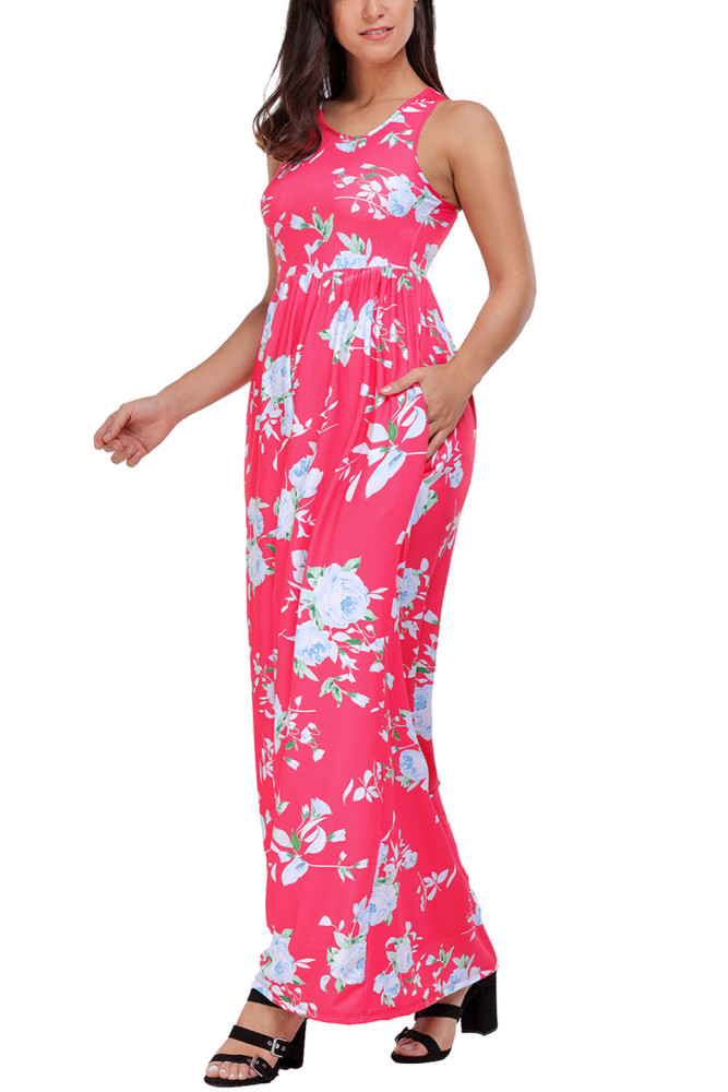 Fuchsia Floral Print Sleeveless Long Boho Dress