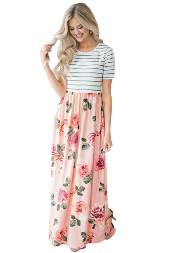 Striped Shirt Top Coral Rose Print Maxi Dress