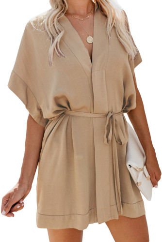 Apricot V Neck Tie Waist Mini Skater T Shirt Dress