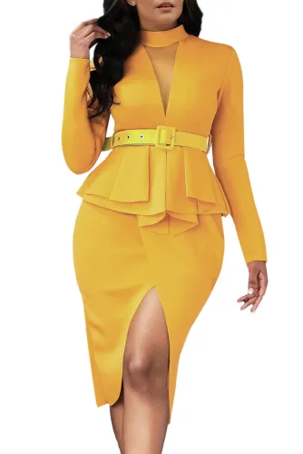 Yellow Long Sleeve Mid-Calf Falbala Asymmetrical Pullover Dress