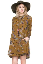 Mustard Feather Graphic Pocket Tunic Dress