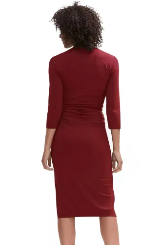 Dark Red Long Sleeve Pleated Wrap Midi Dress