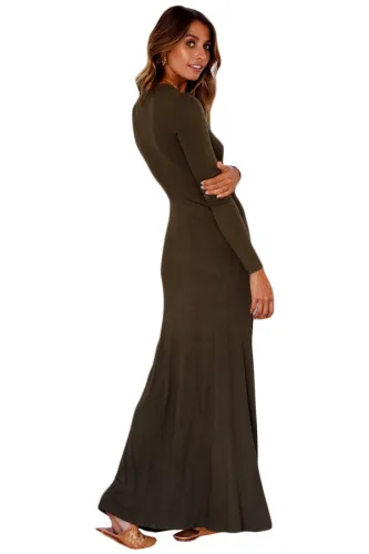 Olive Long Sleeve Buttoned Slit Front Maxi Jersey Dress