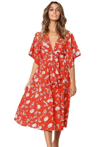 Red Boho Floral Knot Front Kimono Dress