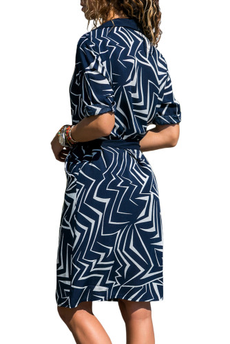 Navy Individual Zigzag Print Button V Neck Shirt Dress