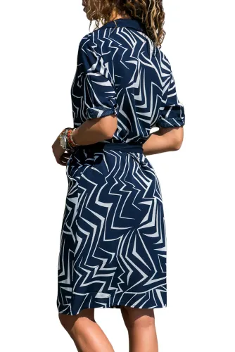 Navy Individual Zigzag Print Button V Neck Shirt Dress
