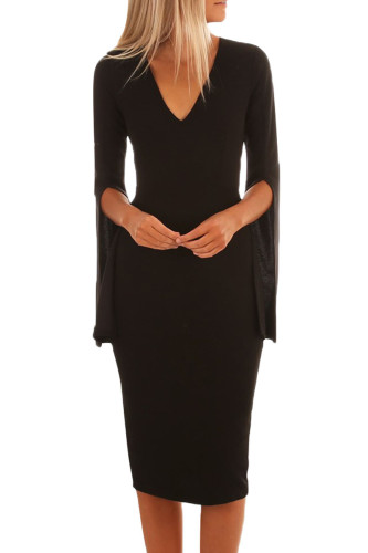 Black Split Bell Sleeves V Neck Bodycon Midi Dress