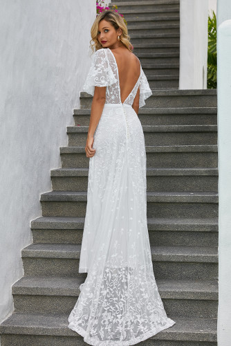 Boho V Neck Lantern Ruffle Sleeve Lace Wedding Dress