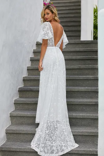 Boho V Neck Lantern Ruffle Sleeve Lace Wedding Dress