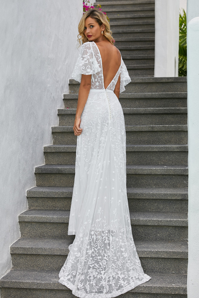 Boho V Neck Lantern Ruffle Sleeve Lace Wedding Dress