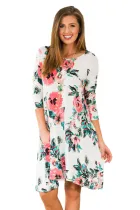 White Floral Long Sleeve A-Line Tunic Dress