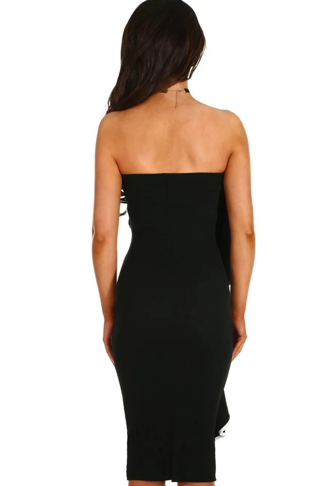 Black Frill Strapless Midi Dress