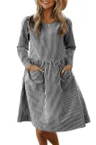 Black Pinstriped Casual Pocket Dress