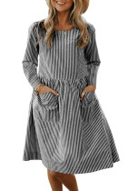 Black Pinstriped Casual Pocket Dress