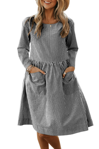 Black Pinstriped Casual Pocket Dress