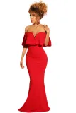 Red Ruffled Poncho Shiny Off Shoulder Party Gown