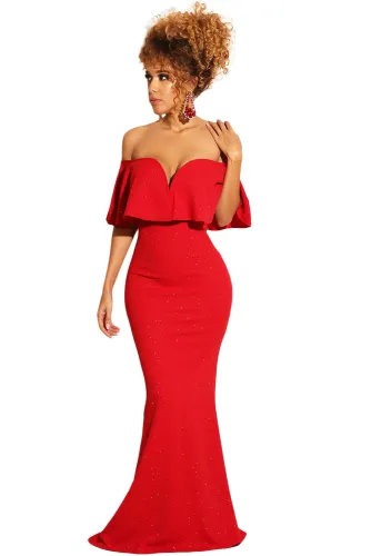 Red Ruffled Poncho Shiny Off Shoulder Party Gown