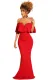 Red Ruffled Poncho Shiny Off Shoulder Party Gown