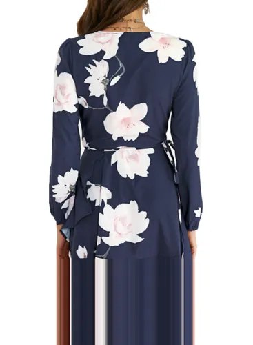 Navy Floral Print Wrap and Tie Long Sleeve Dress