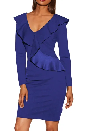 Royal Blue V Neck Long Sleeve Ruffle Dress