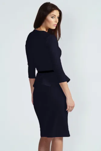 Dark Blue Long Sleeve Belted Peplum Midi Dress