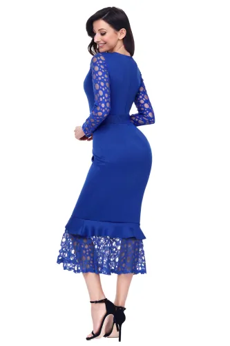 Navy Blue Hollow-out Long Sleeve Lace Ruffle Bodycon Midi Dress