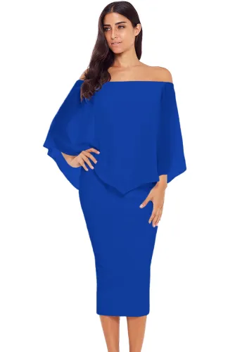 Blue Off Shoulder Sleeve Detail Bodycon Midi Dress