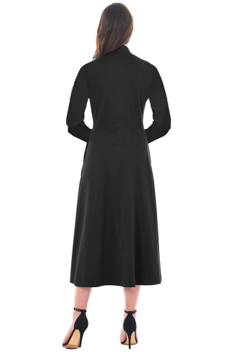Black Side Button Mandarin Collar A-line Midi Dress