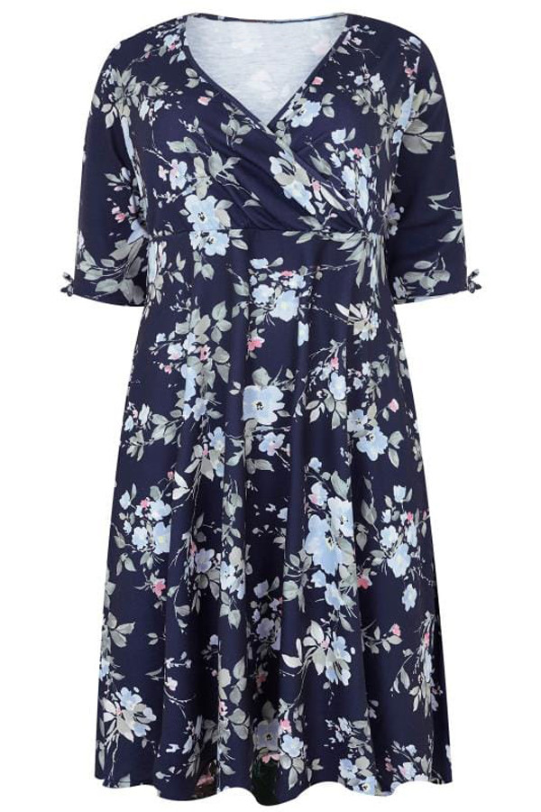 Navy 3/4 Length Tie Sleeves Floral Jersey Wrap Dress