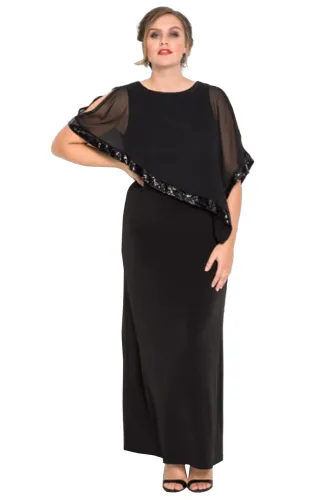 Black Plus Size Cold Shoulder Sequin Mesh Poncho Maxi Dress
