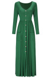 Hunter Green Button Front Pocket Style Casual Long Dress