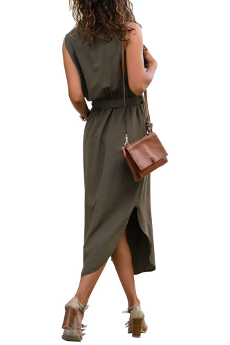 Army Green Sleeveless Shirt Long Dress with Pockets