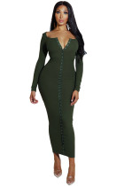 Green Long Sleeve Snap Button Ribbed Dress