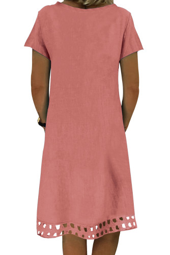 Pink Short Sleeve V Neck A-Line Casual Shirt Dress