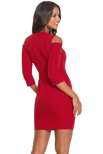 Red Cold Shoulder Sleeved Bodycon Mini Dress