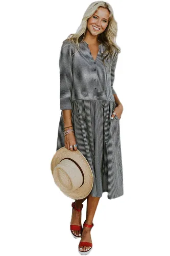 Black Pinstriped Casual Midi Shirt Dress