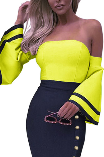 Yellow Flare Sleeve Button Bodycon Cocktail Party Dress