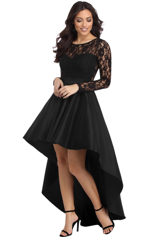 Black Long Sleeve Lace High Low Satin Prom Dress