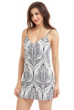 White Black Plant Print Short Dress